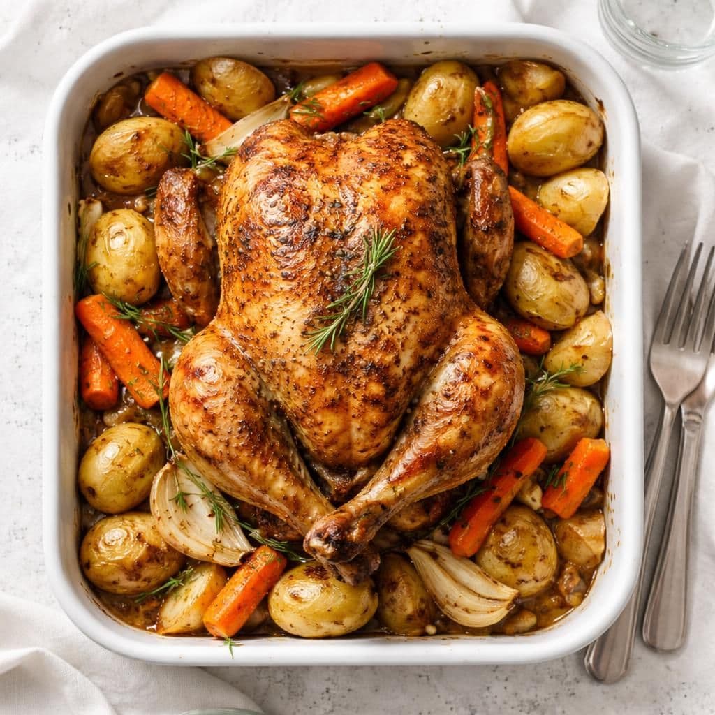 Stekt hel kylling med ovnsgrønnsaker