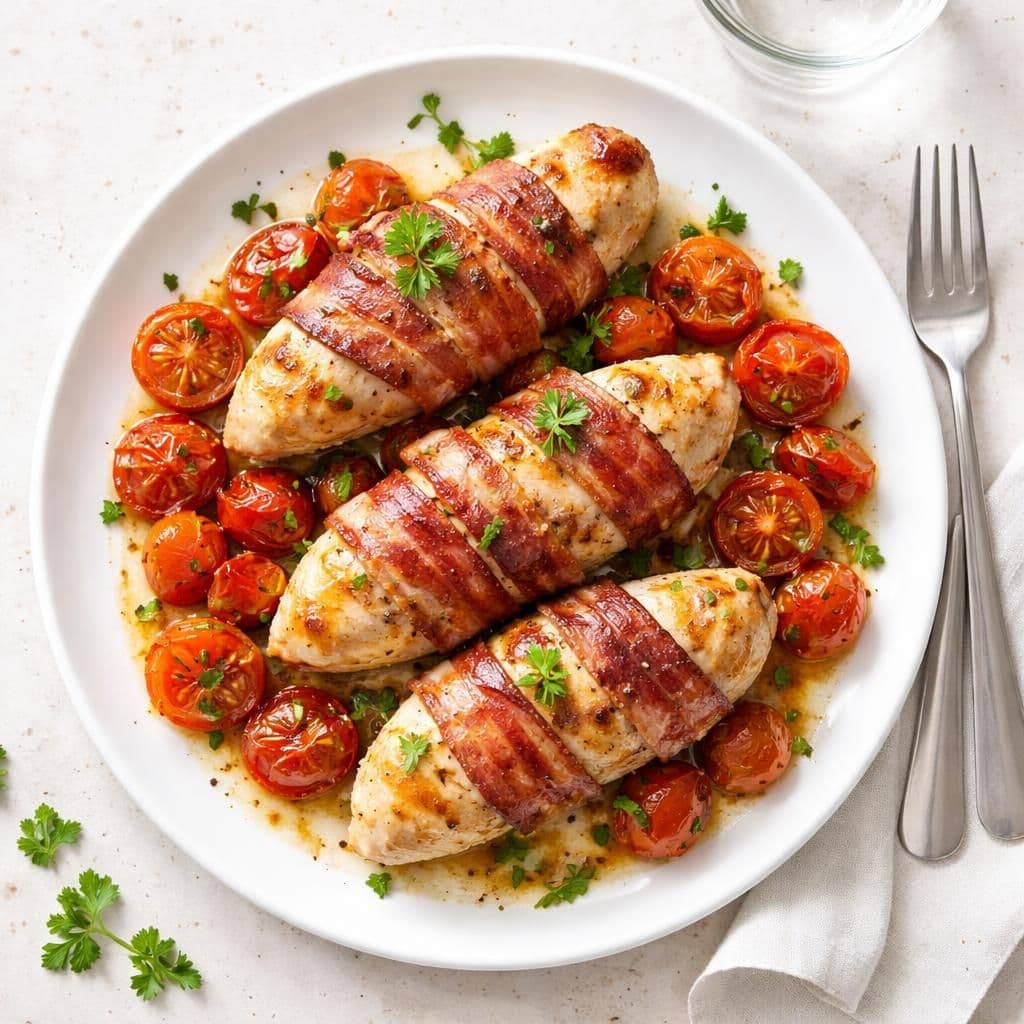 Kalkunfilet med bacon og søte tomater