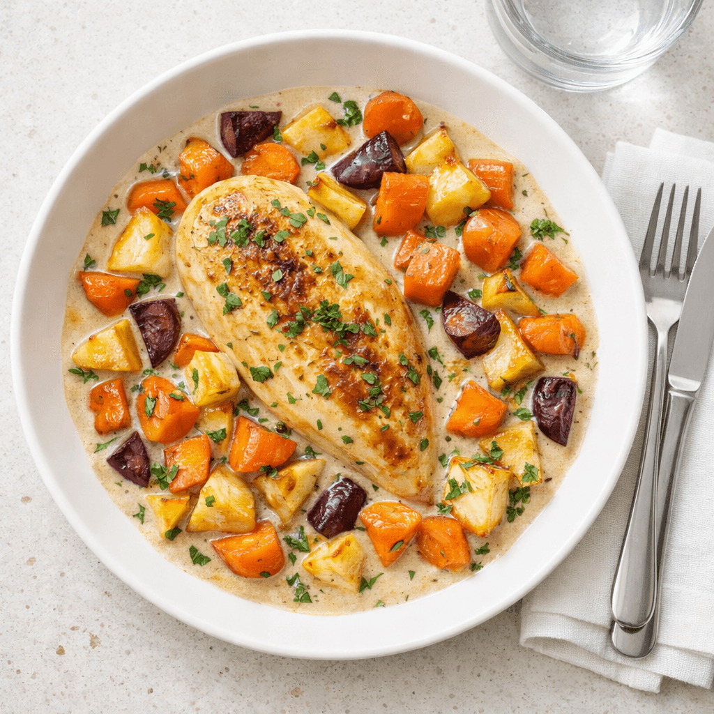 Kremet kylling med rotgrønnsaker