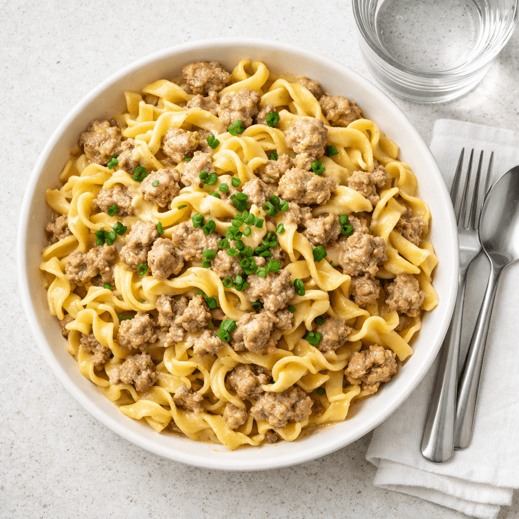 Kremet svinekjøttdeig med eggnudler