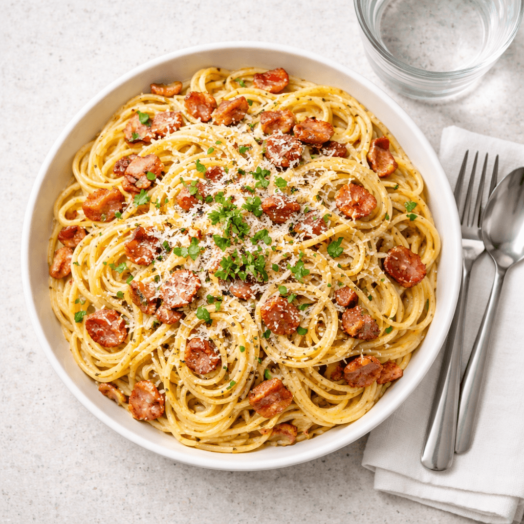 Pasta carbonara med bacon og revet ost