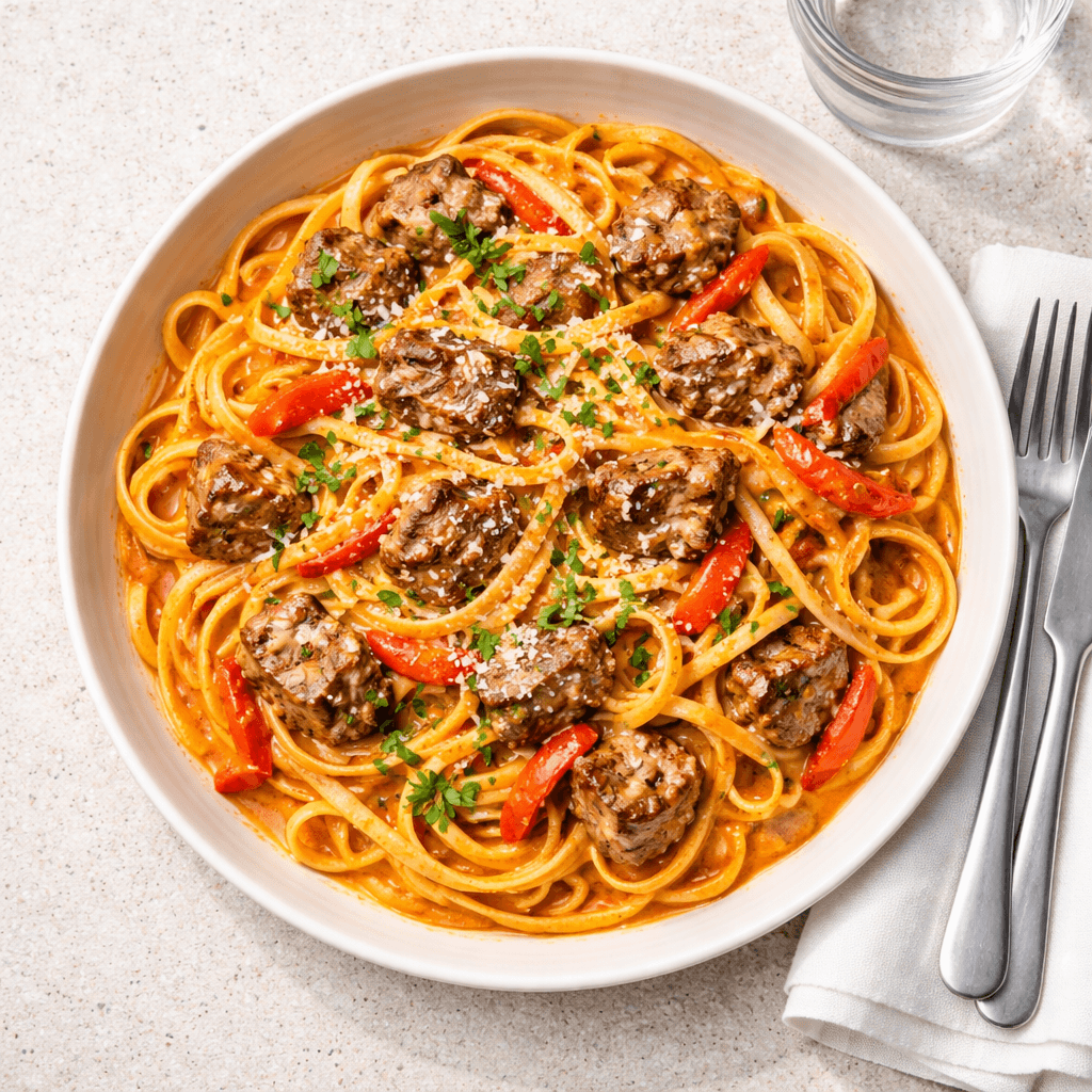 Linguine med lam og paprika creme fraiche