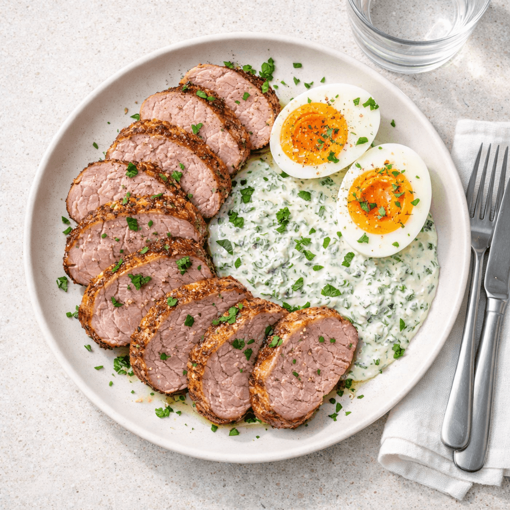 Svinemørbrad med urtecreme og egg