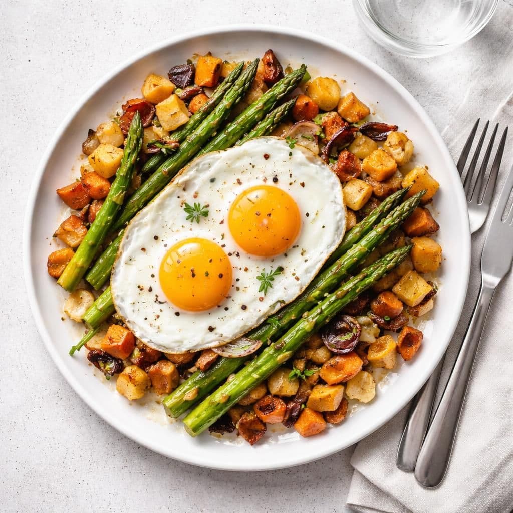Stekt egg med rotmiks og asparges