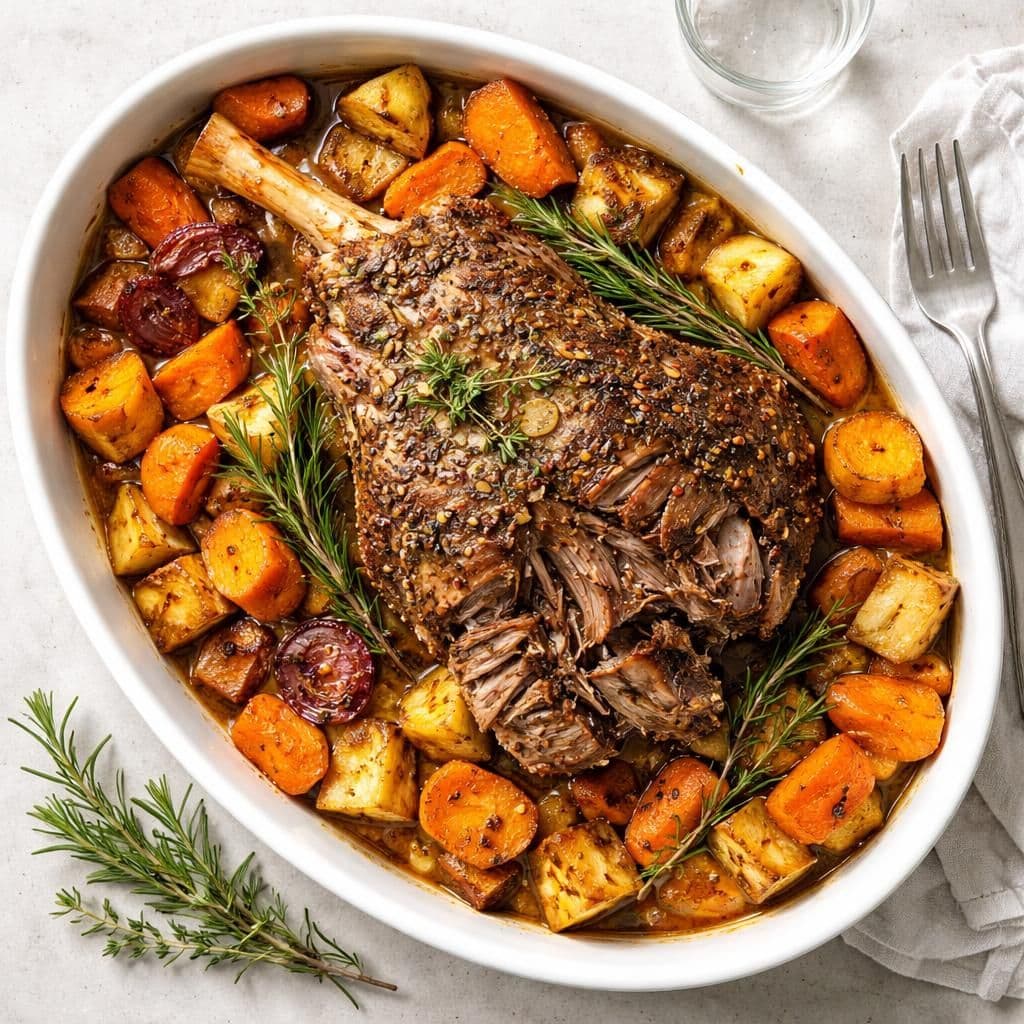 Gratinert lammelår med rotgrønnsaker og urter