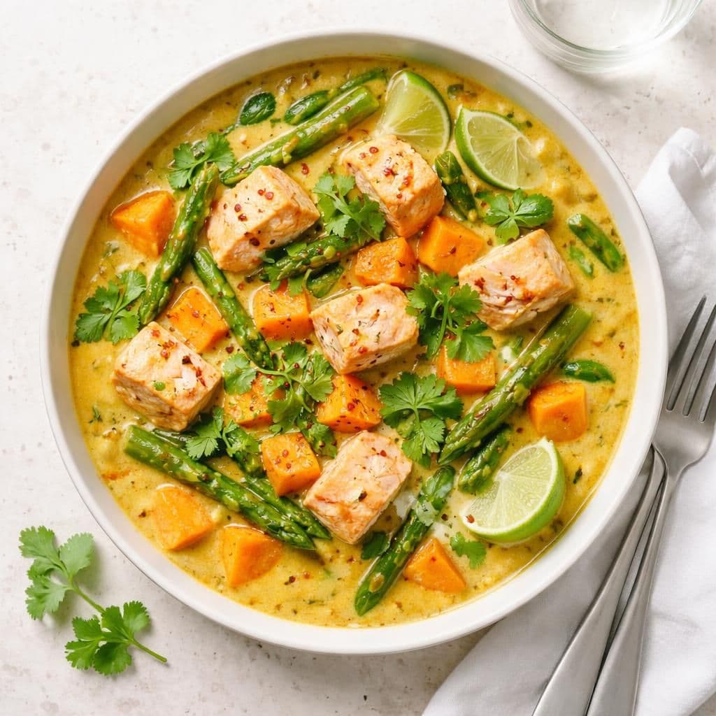 Laksecurry med søtpotet og asparges