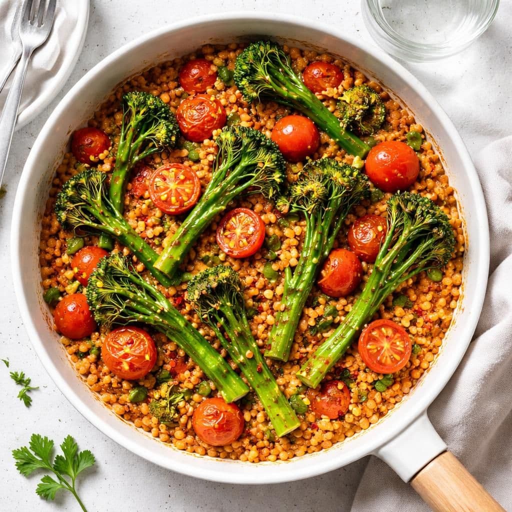 Wokede linser med brokkolini og søte tomater