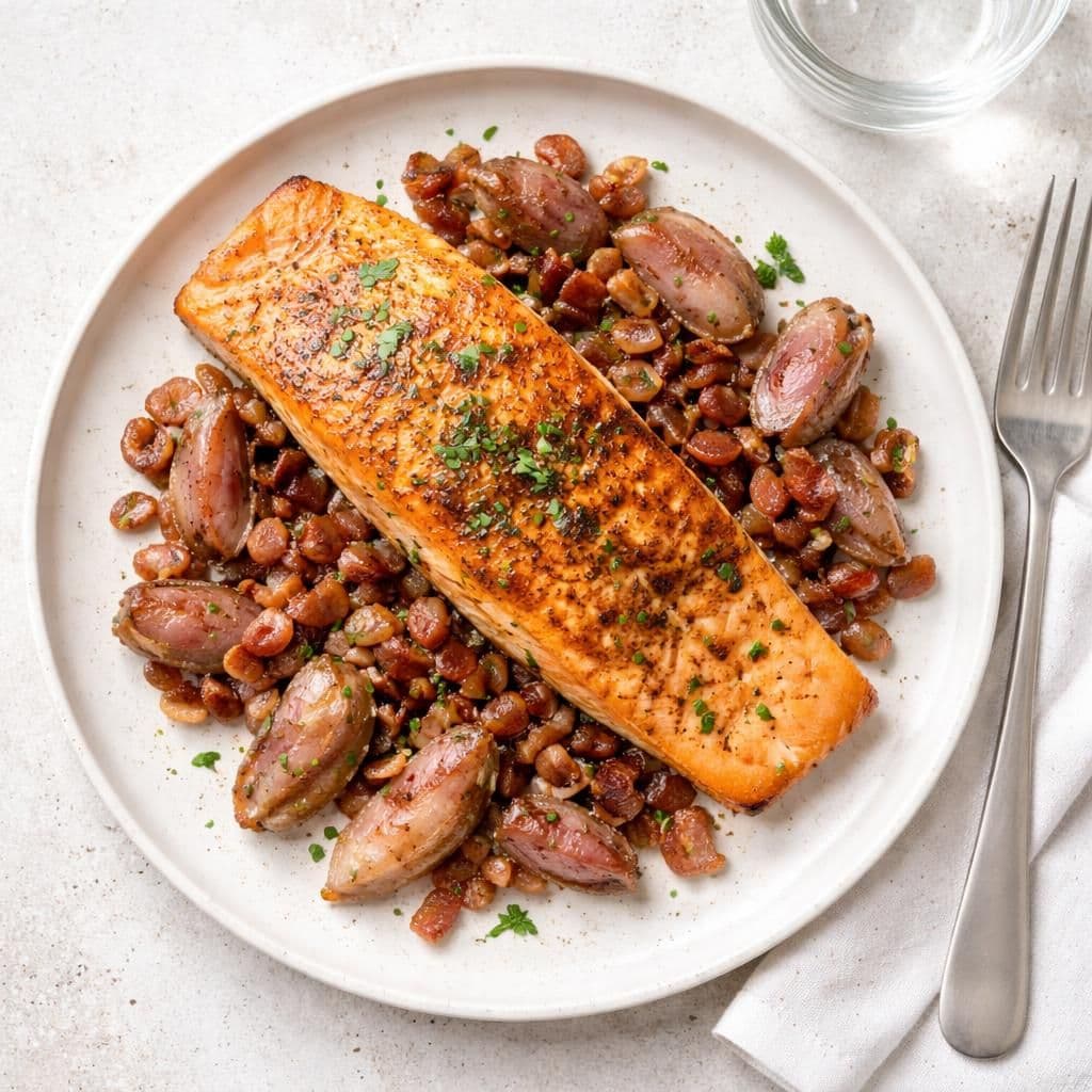 Stekt ørret med hvitløkssjalottløk og sprøstekt bacon