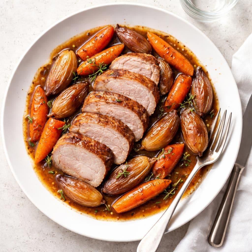 Stekt svin ytrefilet med karamelliserte gulrøtter og sjalottløk
