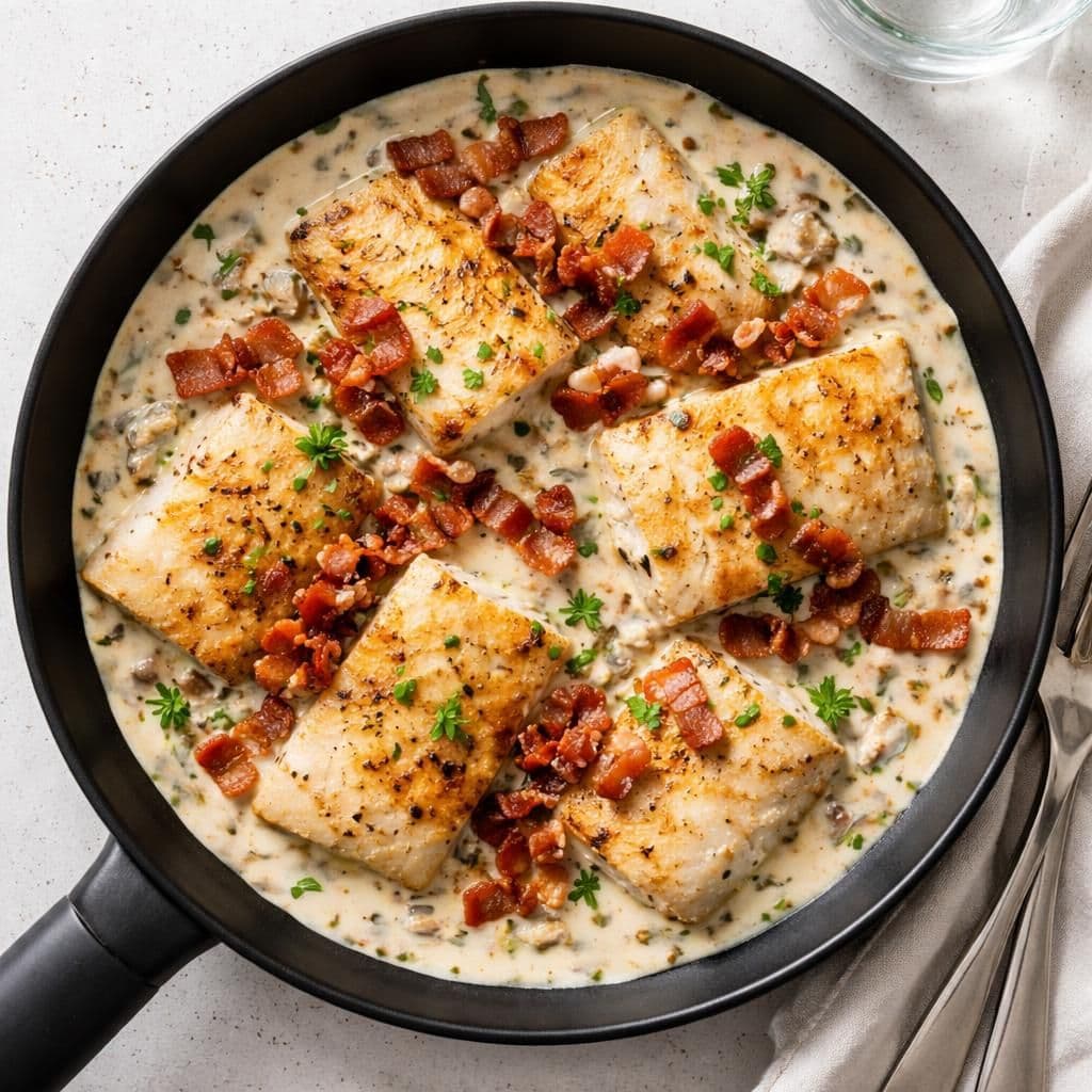 Sei i panne med bacon og kremet Philadelphia-saus