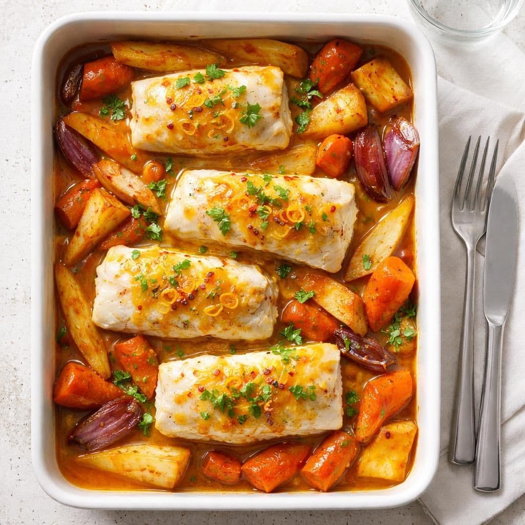 Torsk i ovn med rotgrønnsaker og appelsinglasur