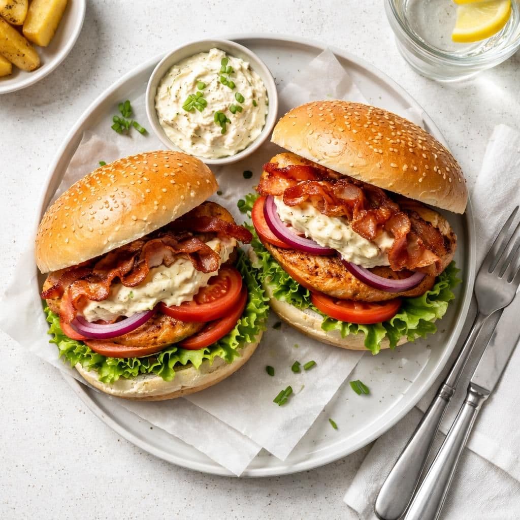 Kyllingburger med baconostesmørr og grønnsaker