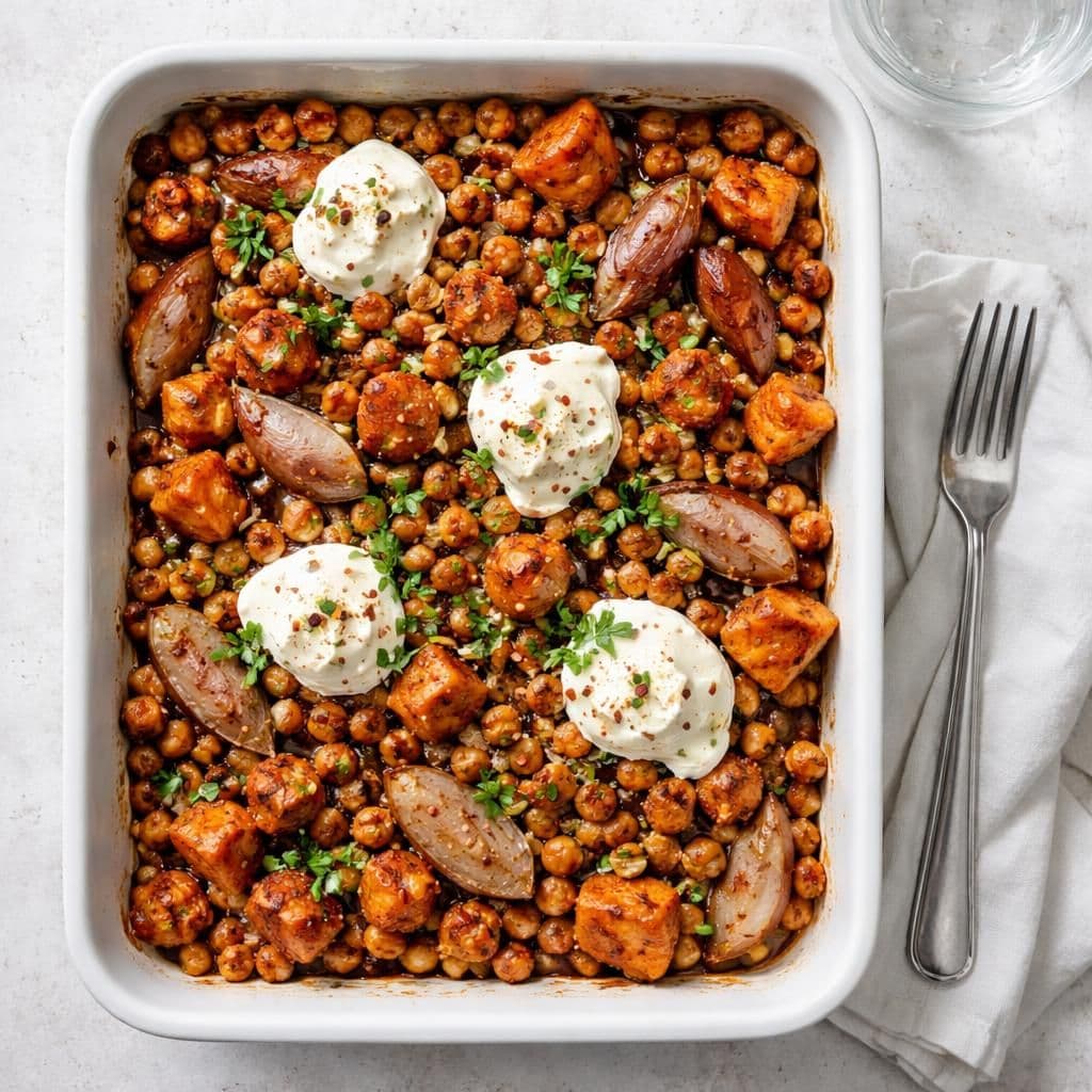 Ovnsbakt søtpotet med kikerter og sjalottløk