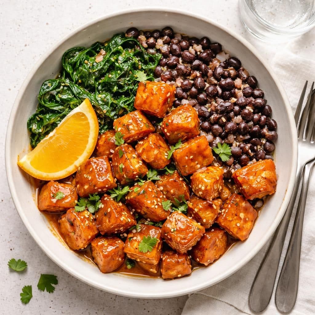 Appelsinglaserte søtpoteter med svarte bønner