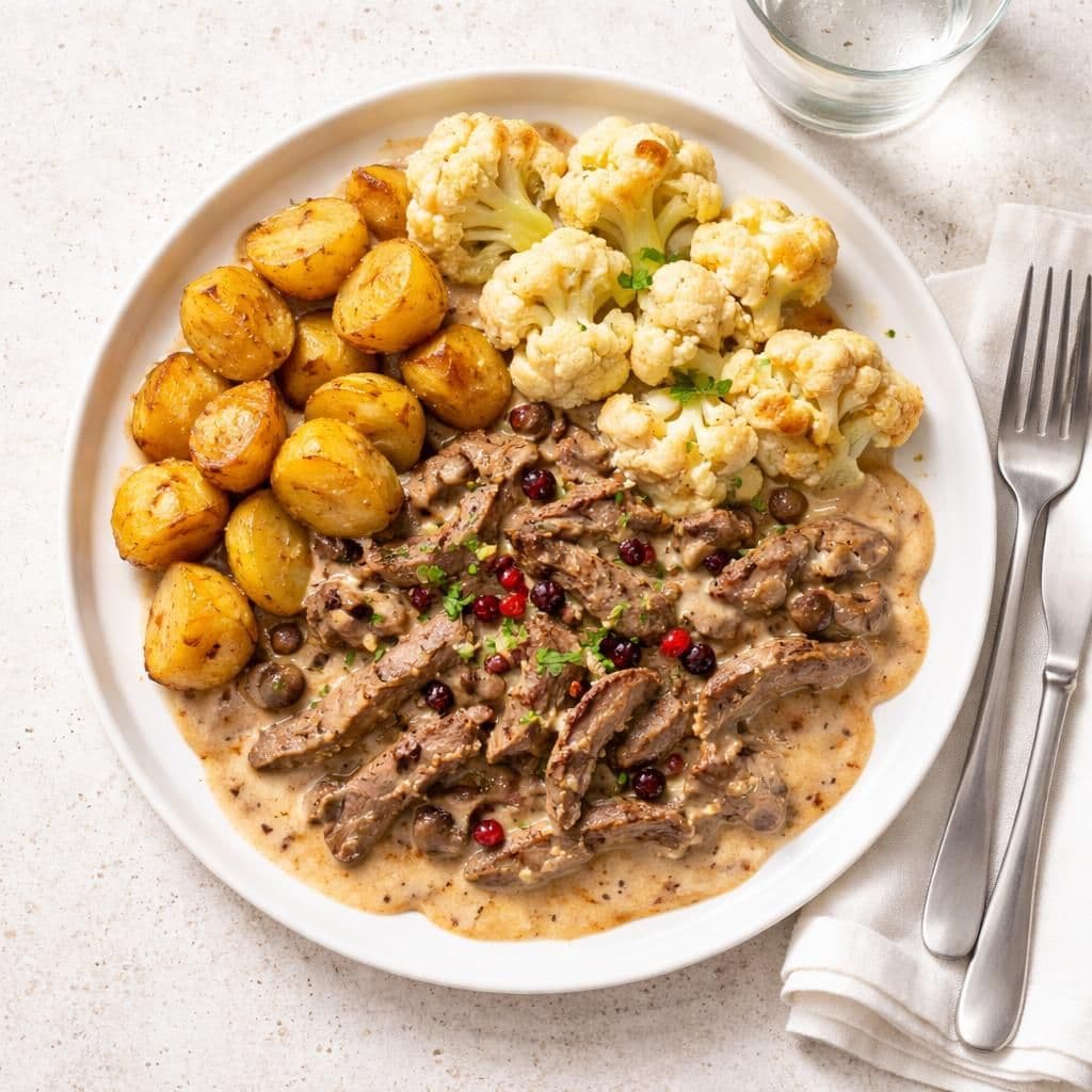 Reinsbiff i fløtesaus med ovnsstekte poteter og blomkål