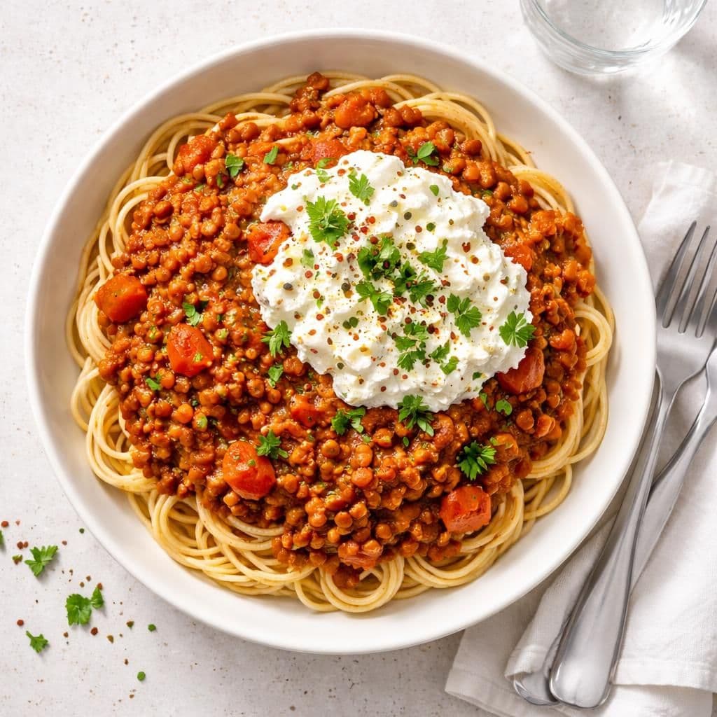 Linsebolognese med cottage cheese