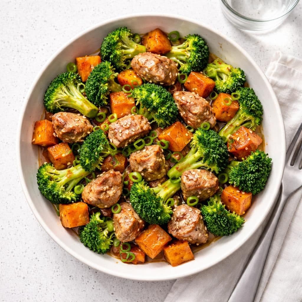 Wokstekt svin med brokkoli og søtpotet