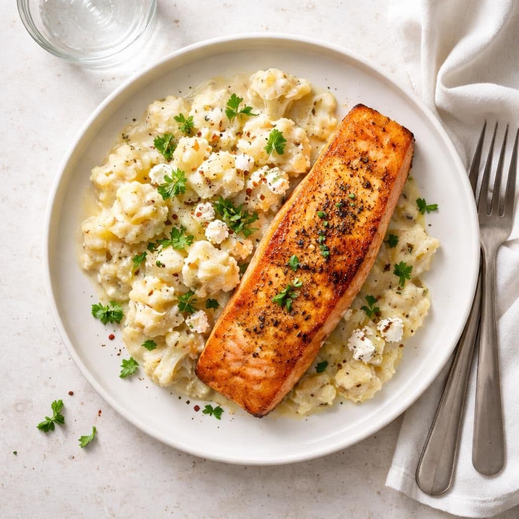 Laksefilet med blomkål og fetaost