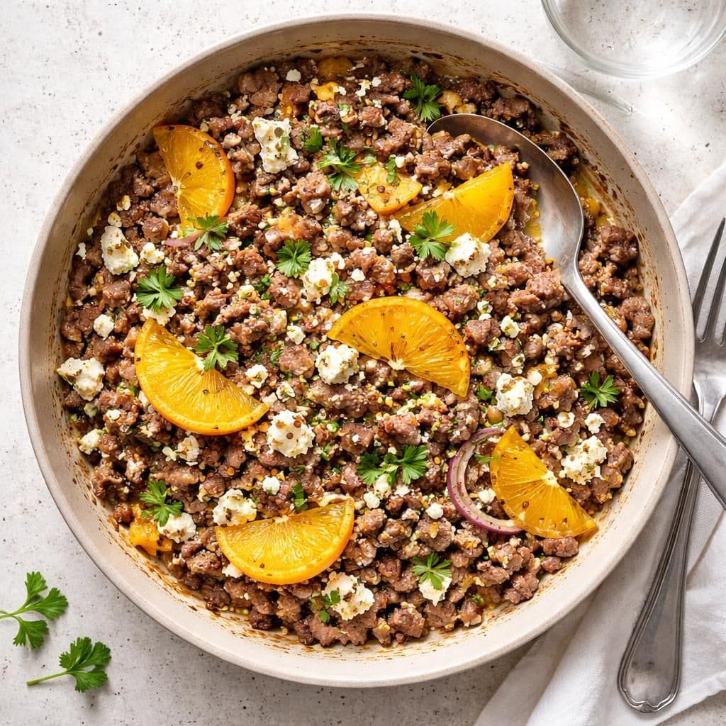 Grytestekt oksekjøttdeig med fetaost og appelsin