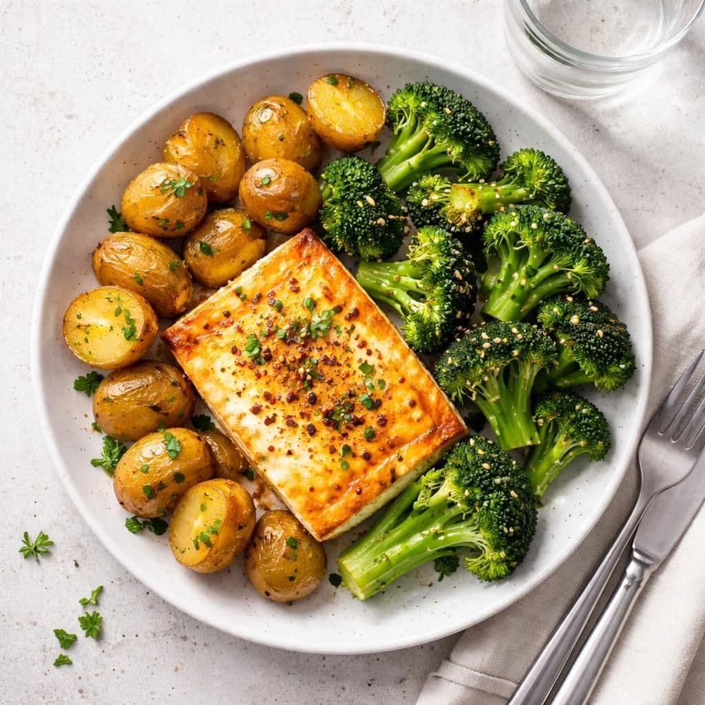 Stekt fetaost med ovnsbakte poteter og brokkoli