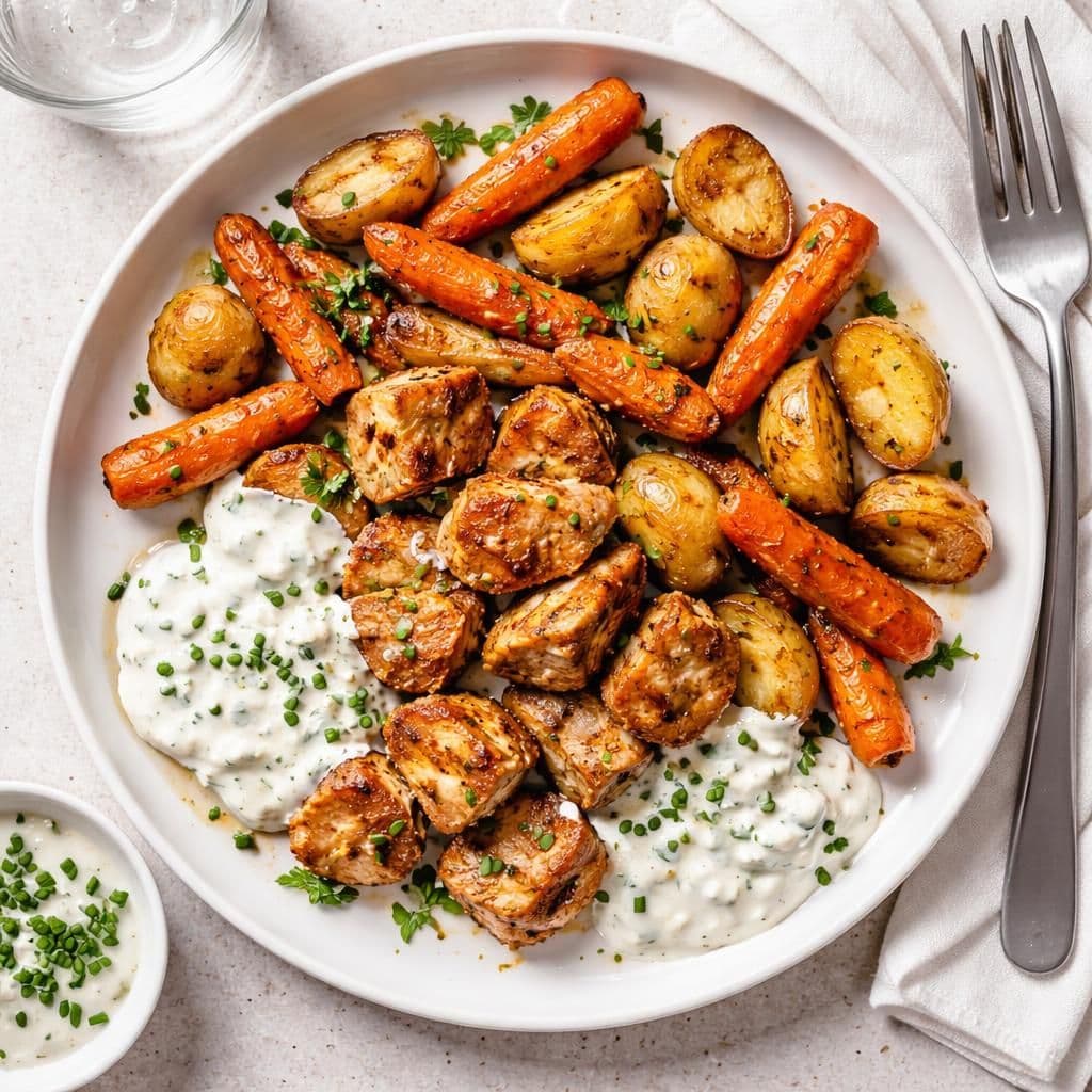 Stekt kylling med cottage cheese-dressing og ovnsbakte rotgrønnsaker