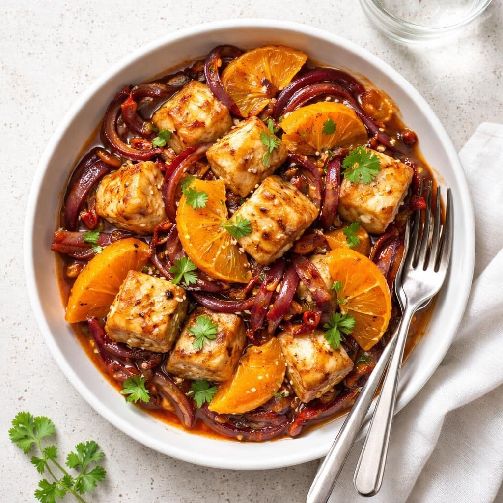 Wokstekt sei med appelsin og rødløk