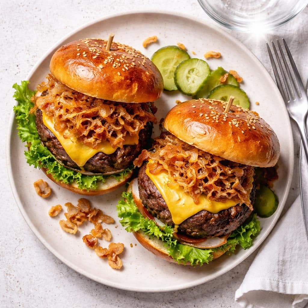 Saftige okseburgere med cheddar og karamellisert kål