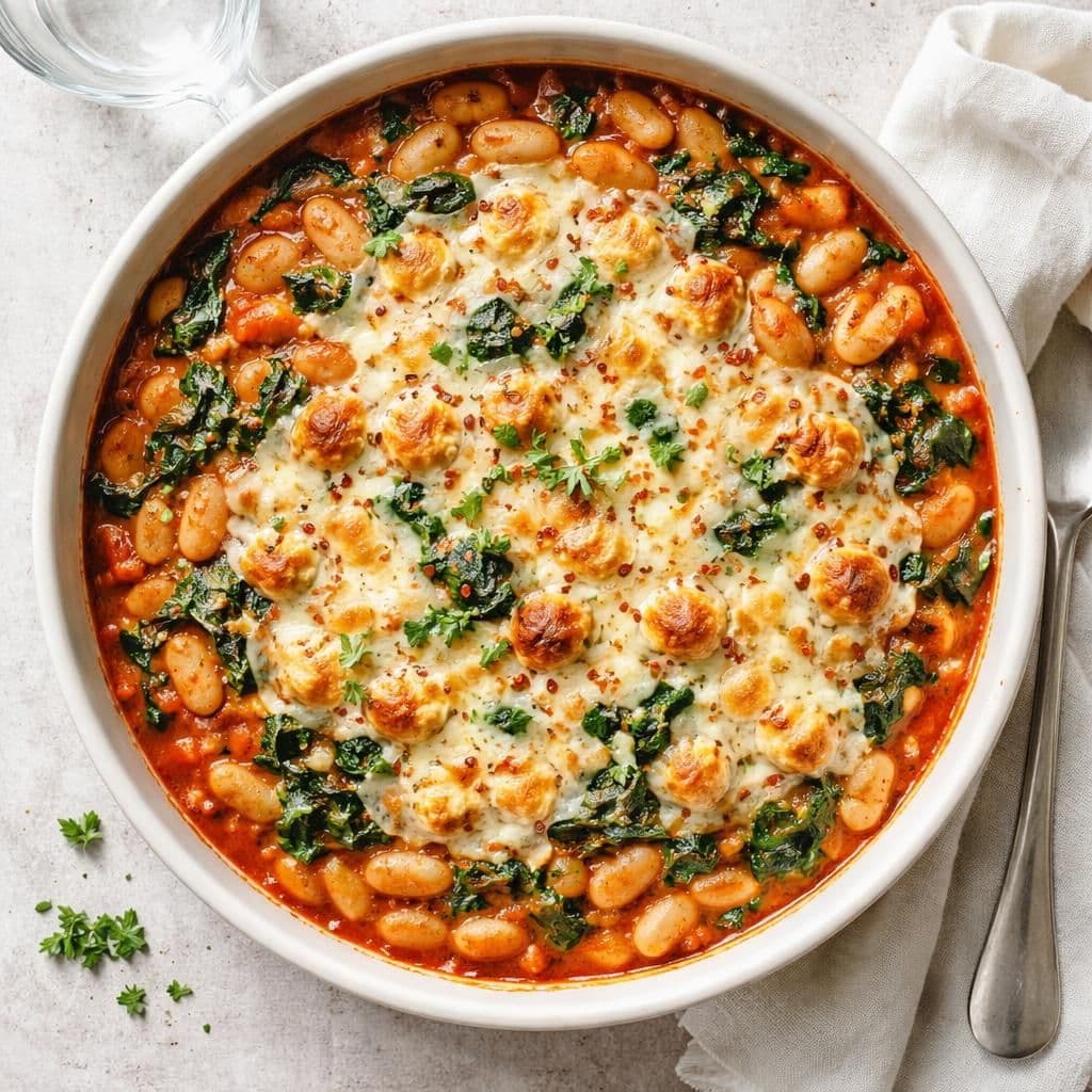Ovnsbakte hvite bønner med spinat og ost
