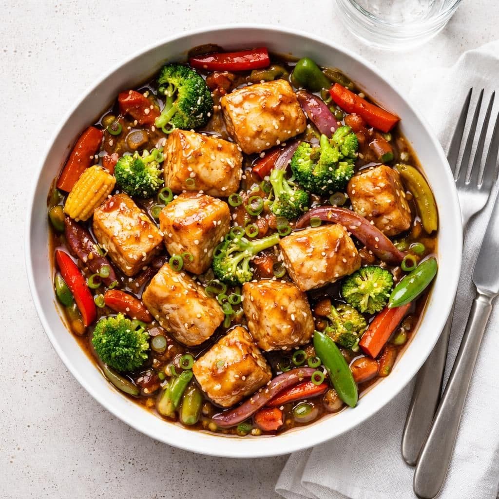 Wokstekt sei med fryst grønnsaksblanding og soyaglasur