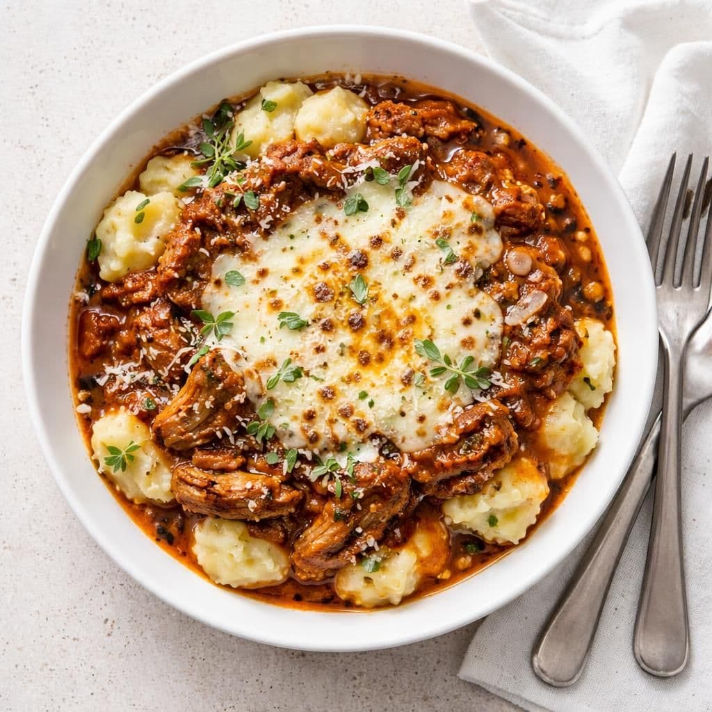 Pulled pork-ragout med mandelpotet og mozzarella