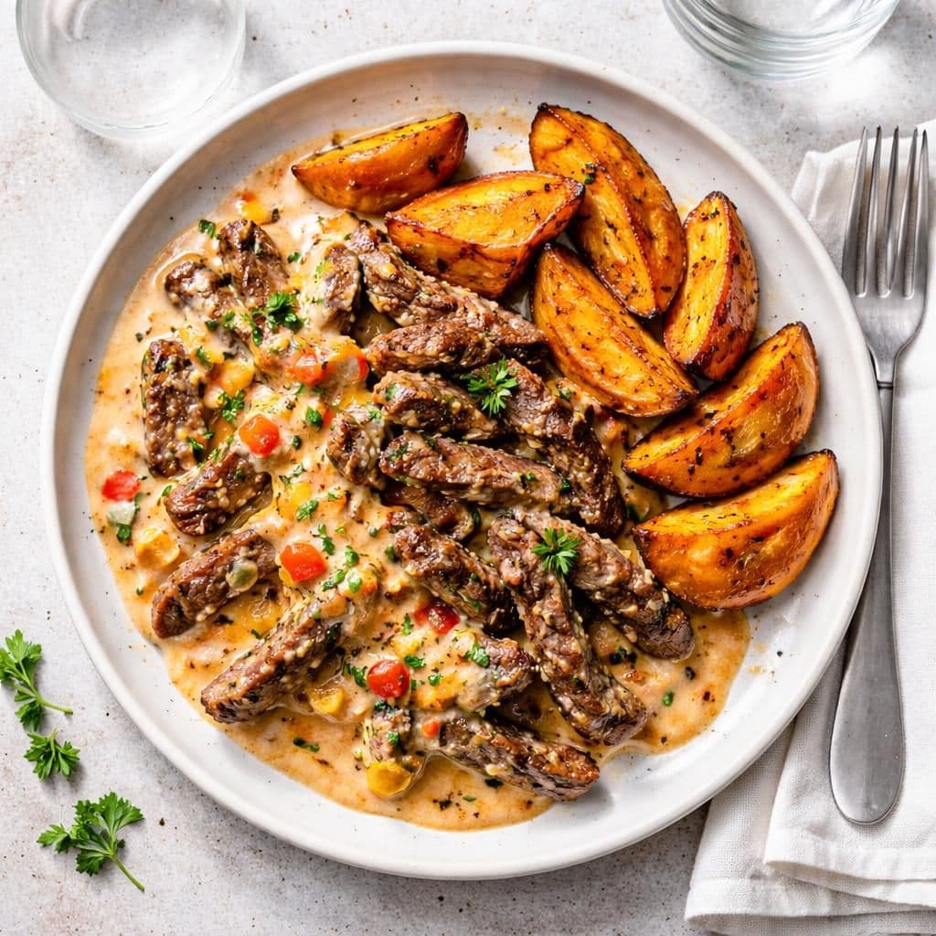 Stekt biff med kremet paprikasaus og søtpotet