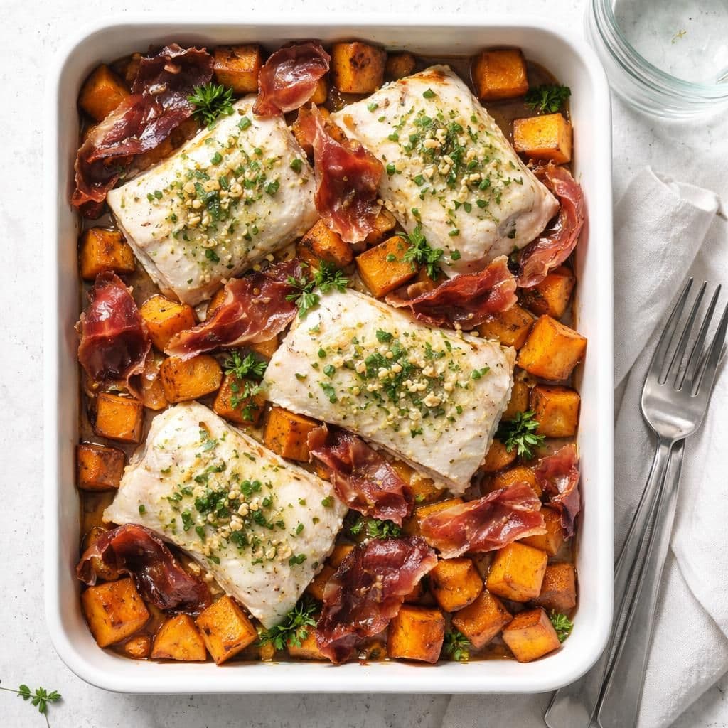 Torsk i ovn med søtpoteter og spekeskinke