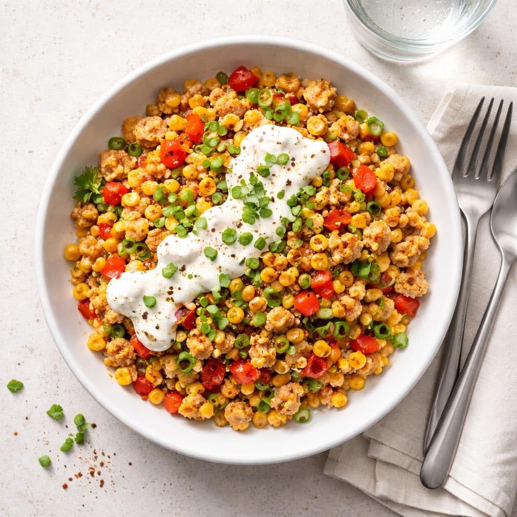 Stekt kyllingkjøttdeig med mais og paprika