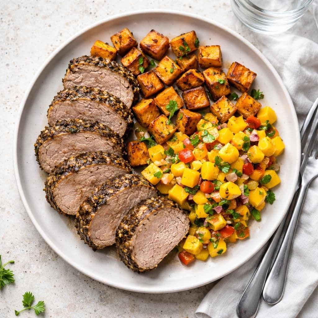 Ovnsbakt svineytrefilet med søtpotet og mango