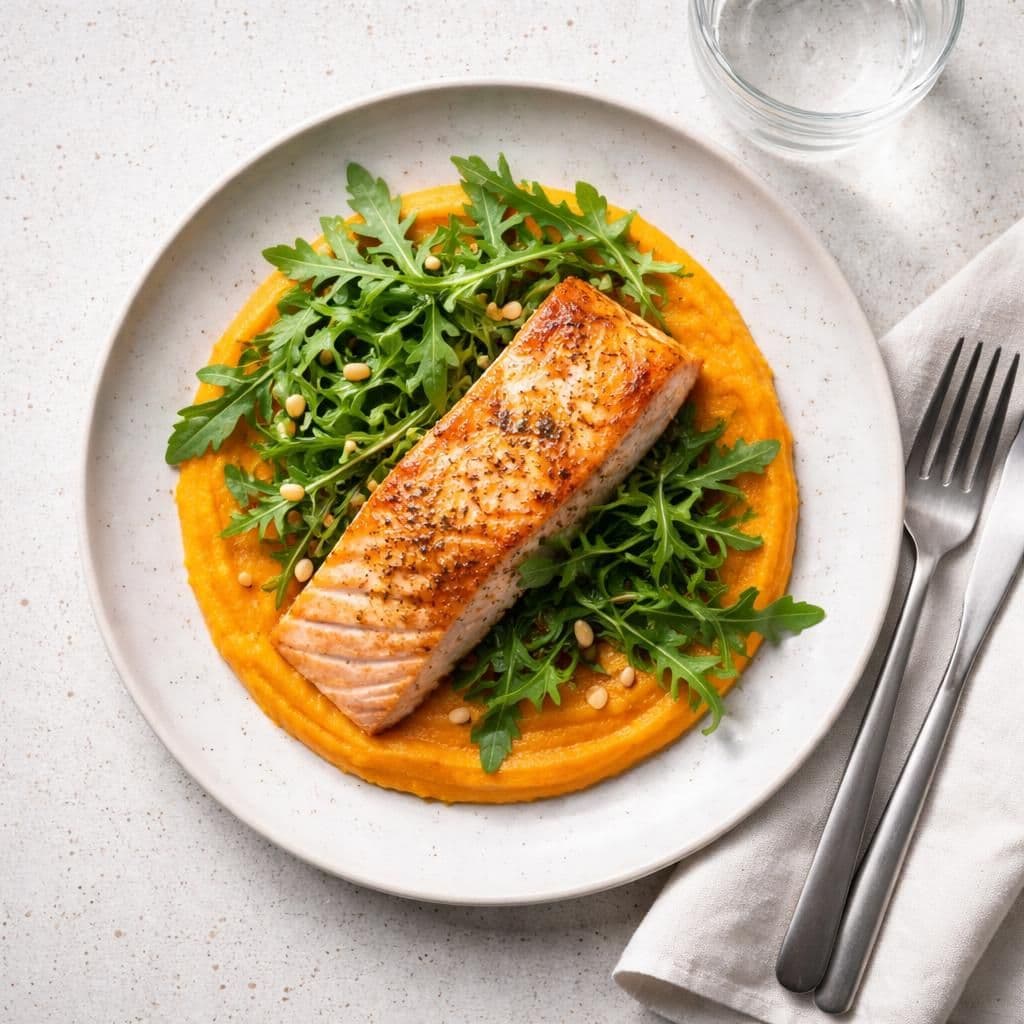 Stekt laks med ruccola og gulrotpuré