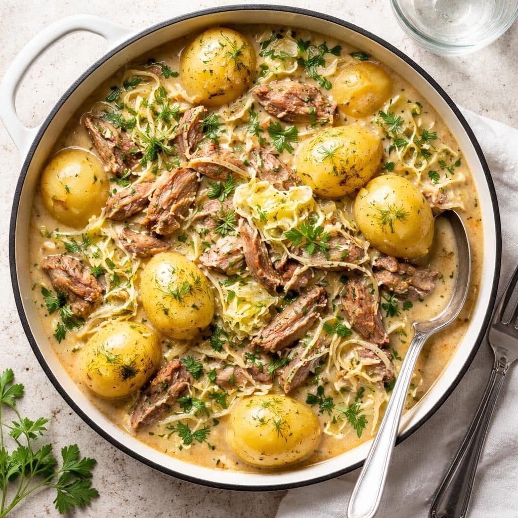 Pulled pork-gryte med sommerkål og poteter