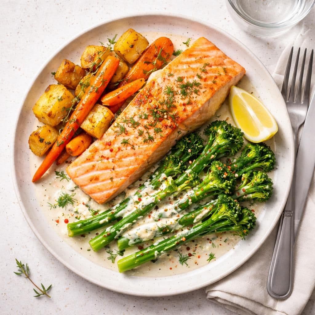 Bakt laks med kremet brokkolini og rotgrønnsaker