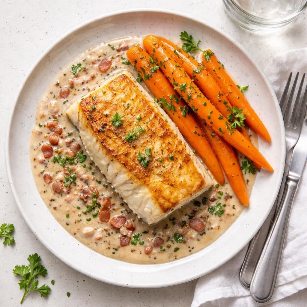 Stekt torsk med bacon og crème fraîche-saus