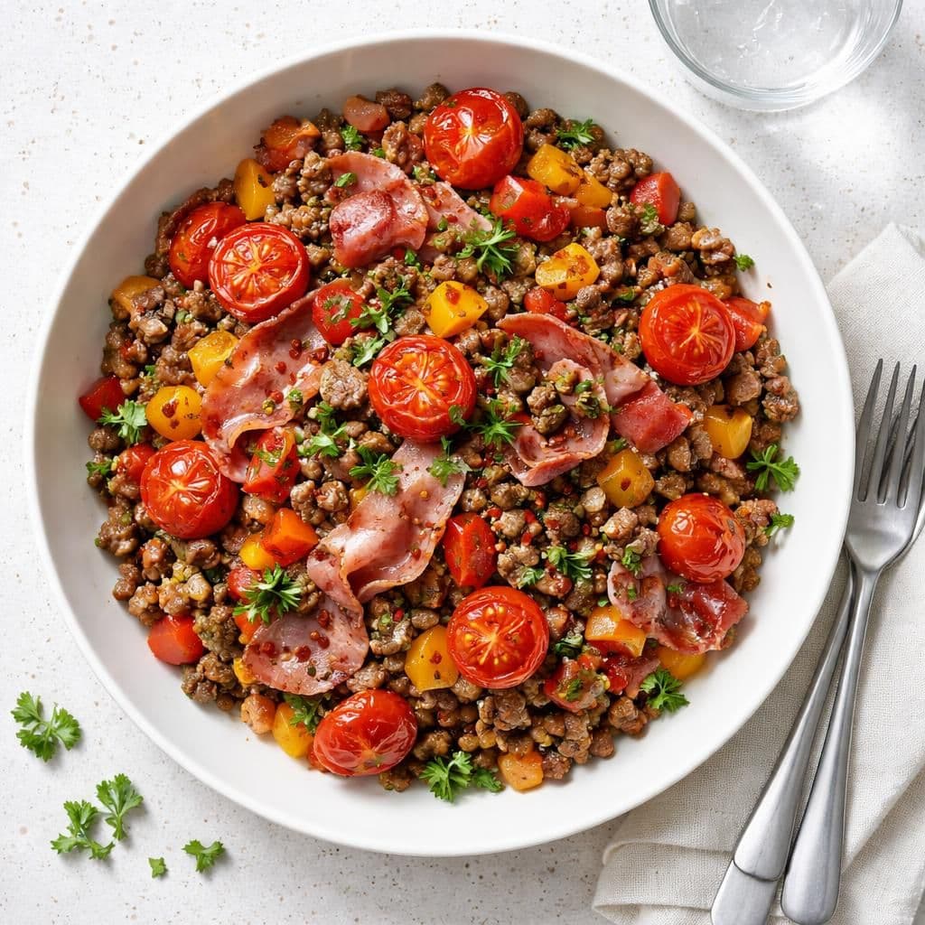 Kjøttdeigwok med Parmaskinke og små tomater