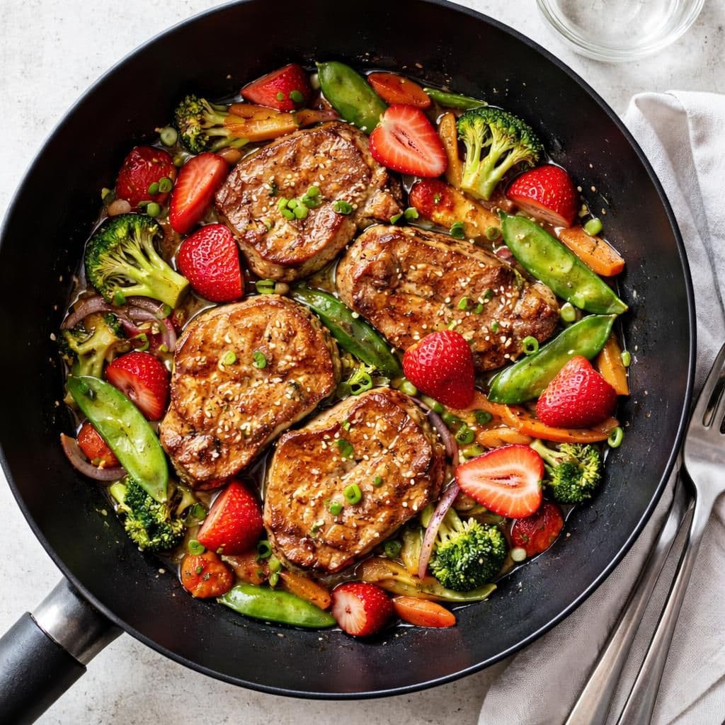 Wok med sommerkotelett og jordbær