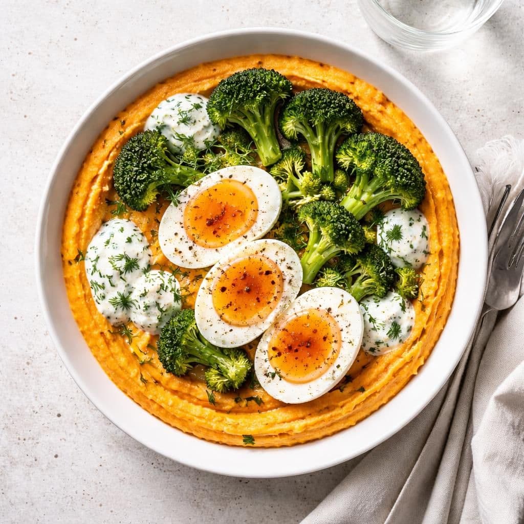 Kokte egg med gulrotpuré og brokkoli