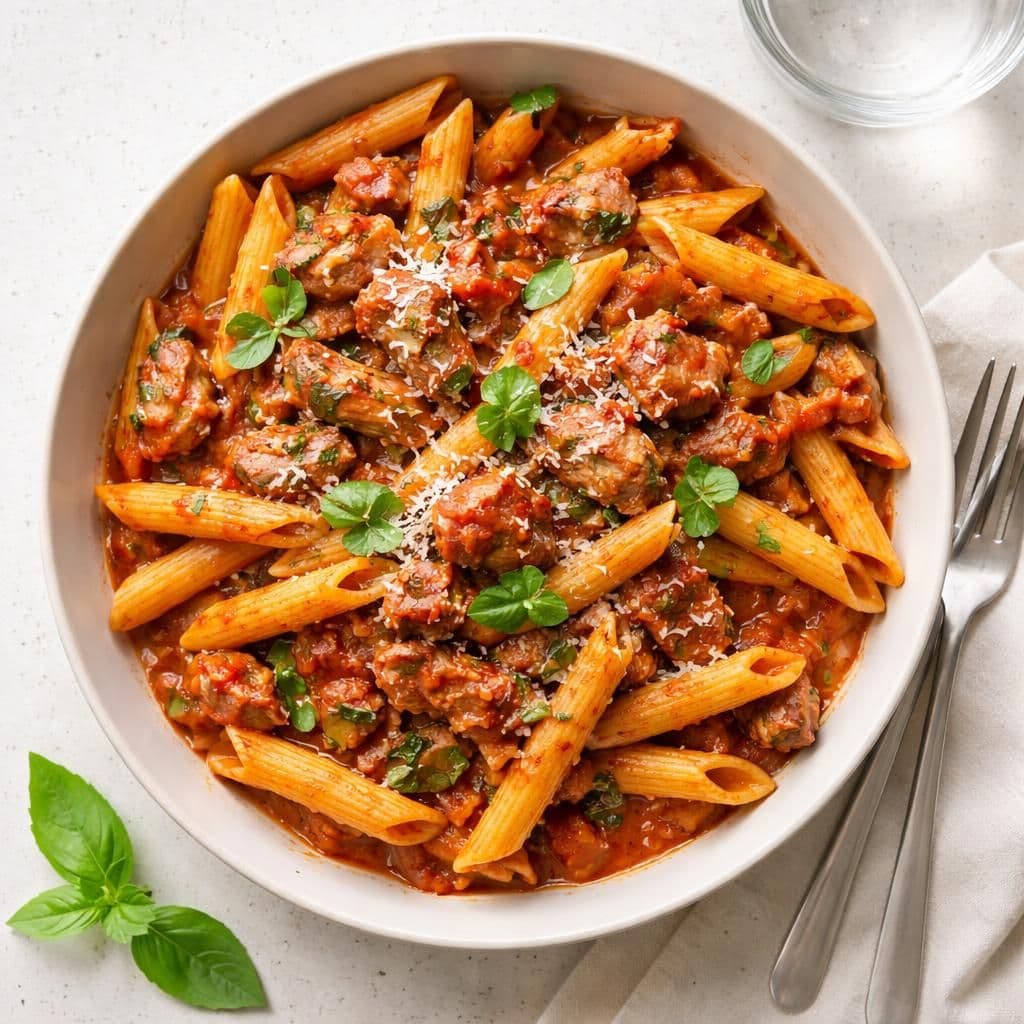 Pasta penne med svinekjøtt og tomatsaus