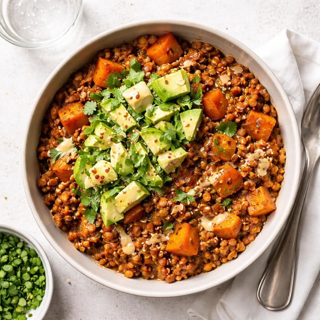 Ovnsbakte røde linser med søtpotet og avokado