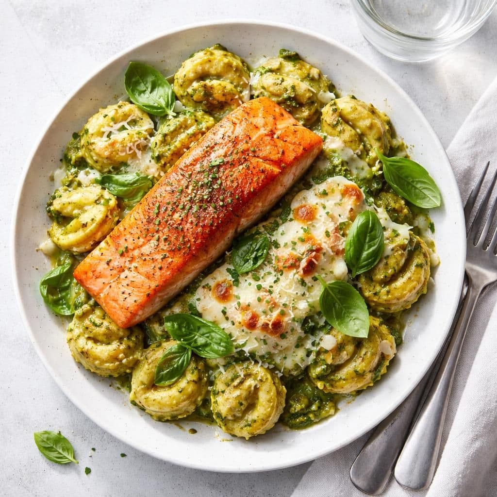 Laksefilet med pestotortellini og mozzarella