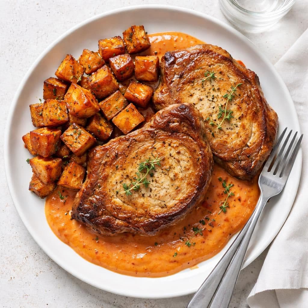 Stekte bøkerøkte koteletter med søtpotet og rød paprikasaus