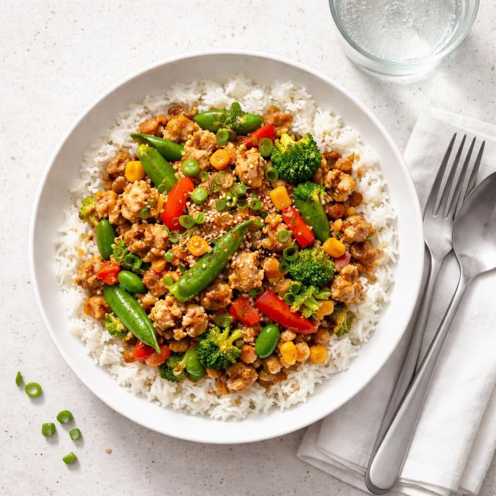 Wokstekt kyllingdeig med fryst grønnsaker og ris