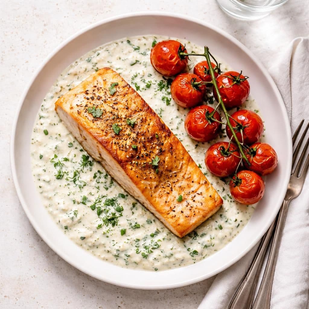 Stekt laks med kremost-urtesaus og klasetomater