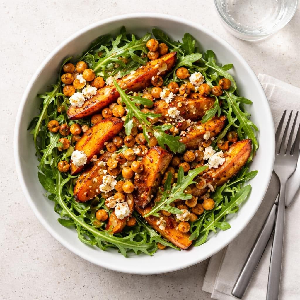 Stekt søtpotet med kikerter og ruccula