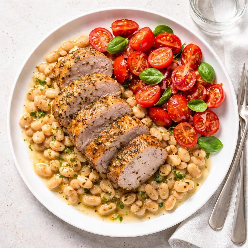 Ovnsbakt svinefilet med hvite bønner og tomatsalat