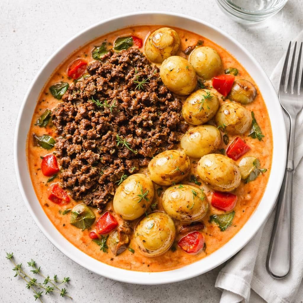 Ovnsbakt oksekjøttdeig med perlepoteter og paprikasaus